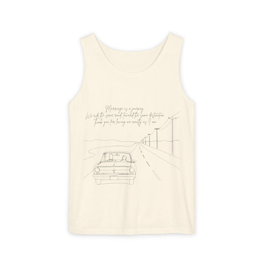 Sketch Roadtrip Tank Top — Minimal Car Line Art with Handwritten Lyric Text