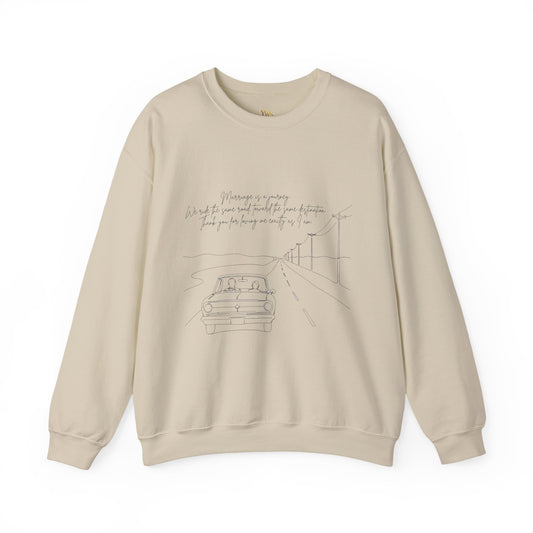 Crewneck Sweatshirt — Minimal Road Sketch Graphic with Handwritten Lyrics