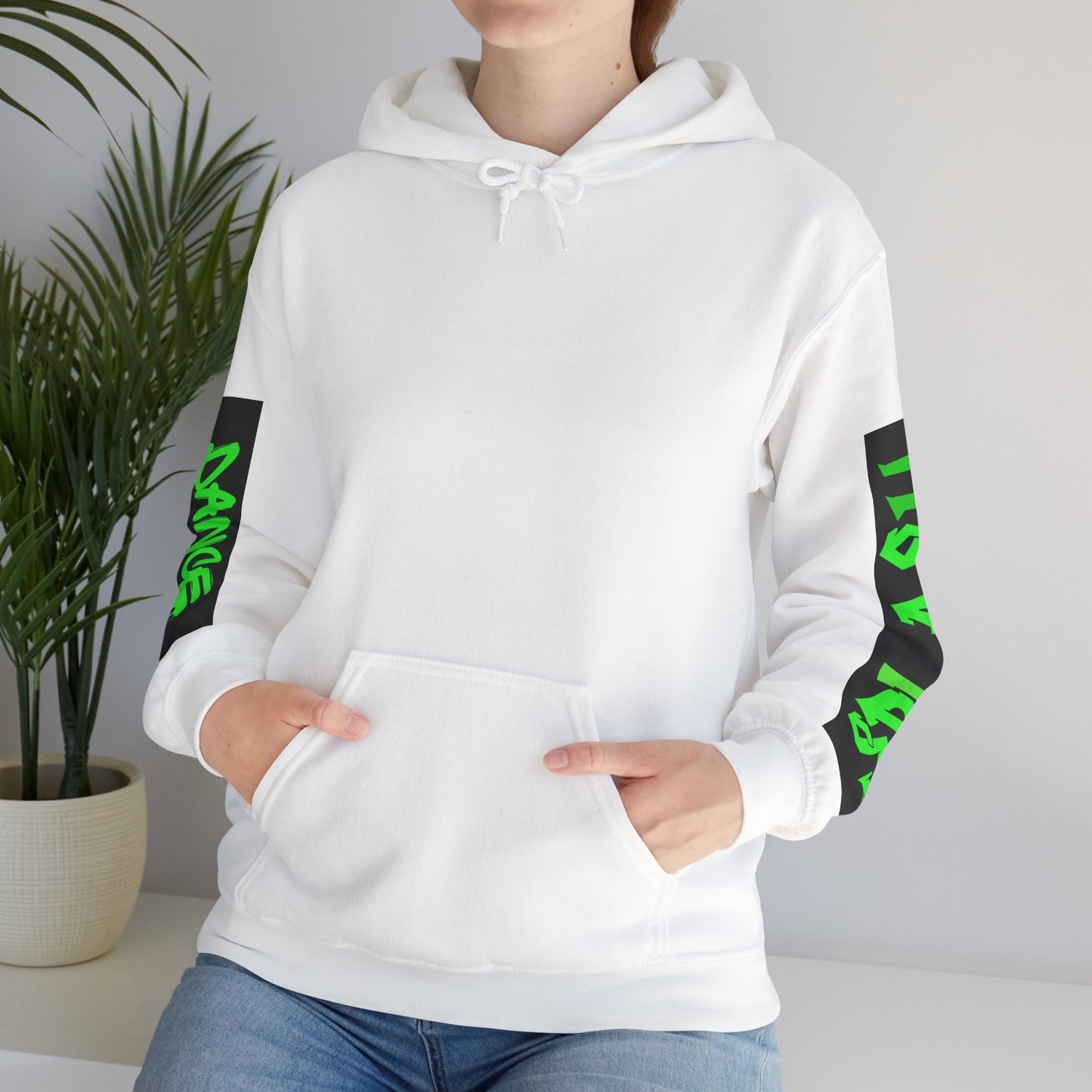 Graphic Sleeve Hoodie — Neon Green Streetwear Text on White Hooded Sweatshirt