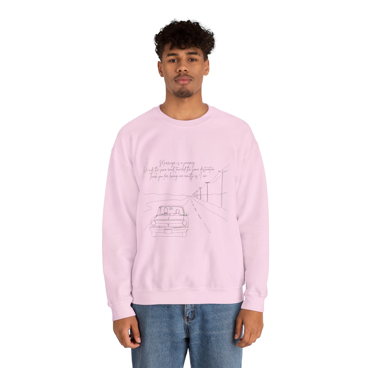 Crewneck Sweatshirt — Minimal Road Sketch Graphic with Handwritten Lyrics