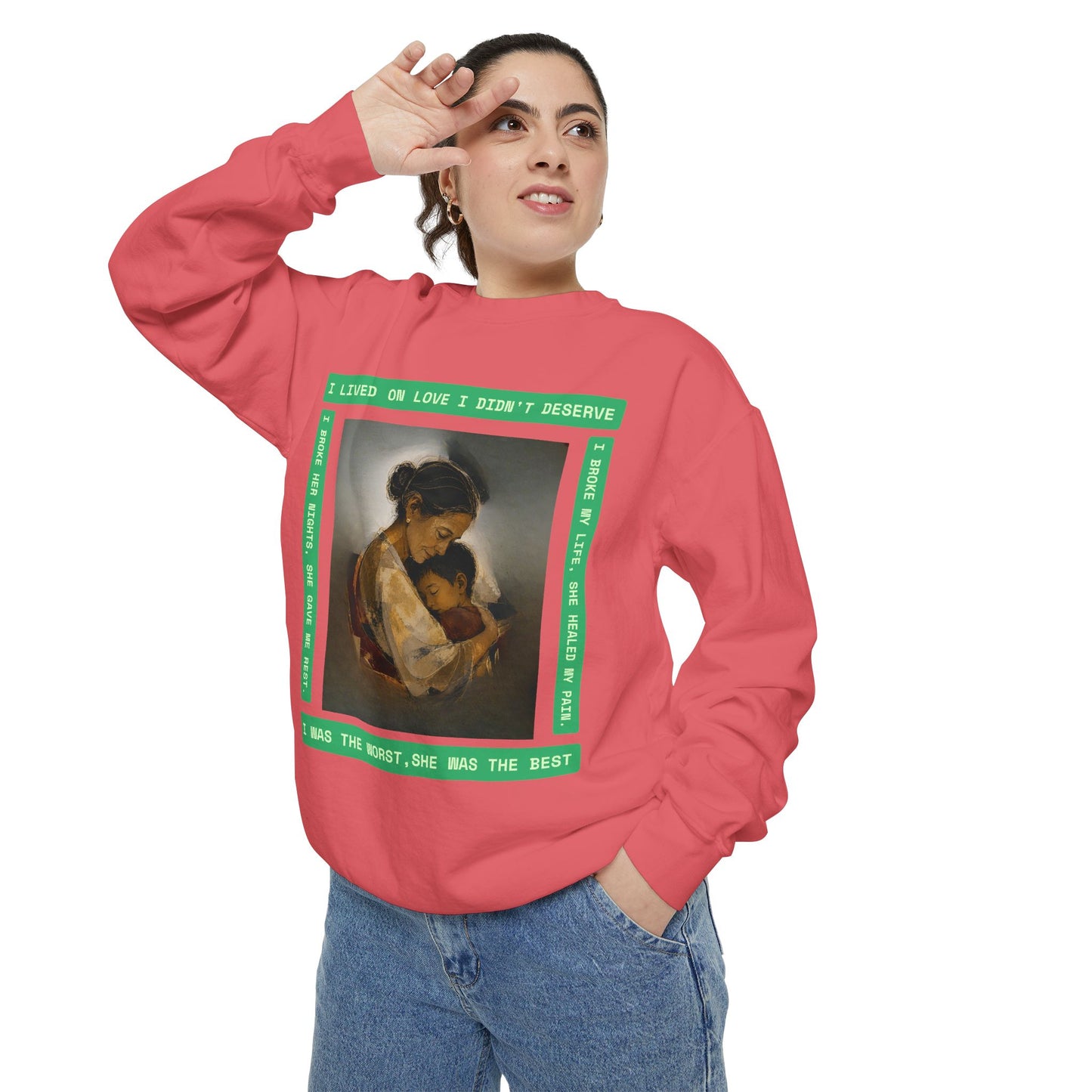 Mother & Child Sweatshirt — Vintage Art Crewneck with "I Lived, I Loved" Quote