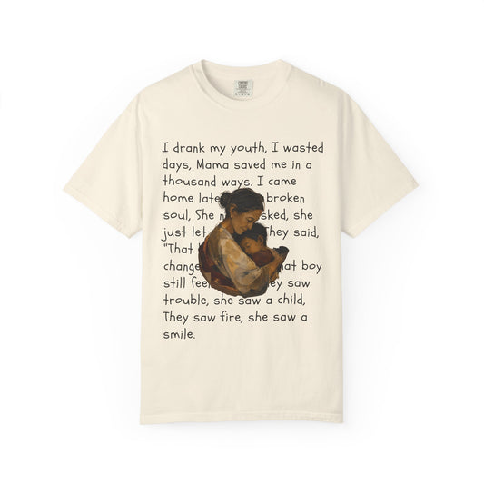 Mama Saved Me T-Shirt — Vintage Mother & Child Illustration with Poem