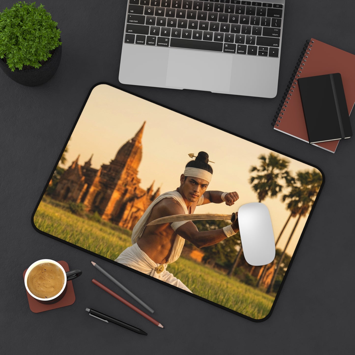 Martial Arts Desk Mat – Asian Temple Sunset Swordfighter Scene