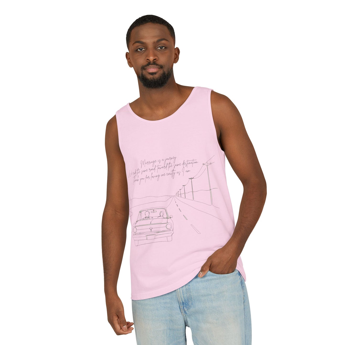 Sketch Roadtrip Tank Top — Minimal Car Line Art with Handwritten Lyric Text