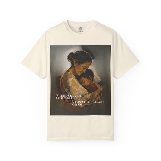 T-Shirt — Mother and Child Embrace Graphic Tee with Inspirational Quote