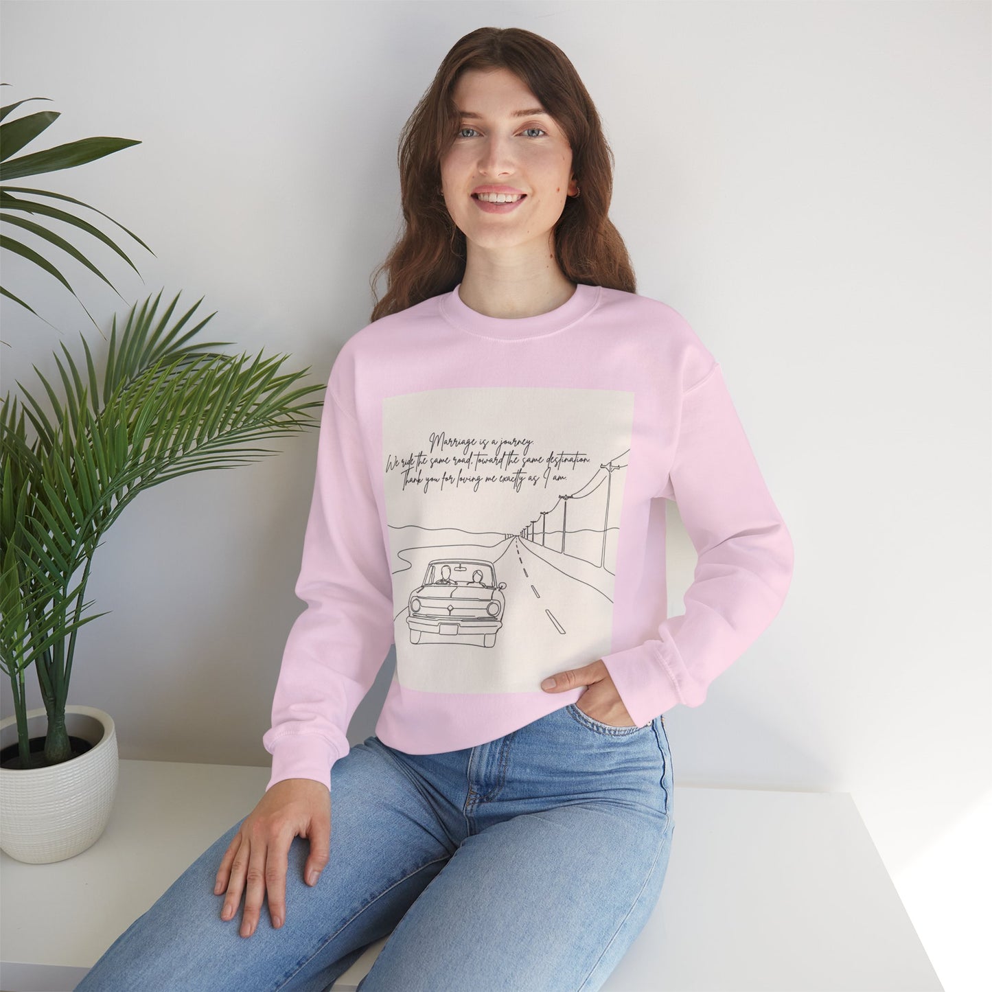Graphic Sweatshirt — Minimal Line Art Road Trip Design with Inspirational Script