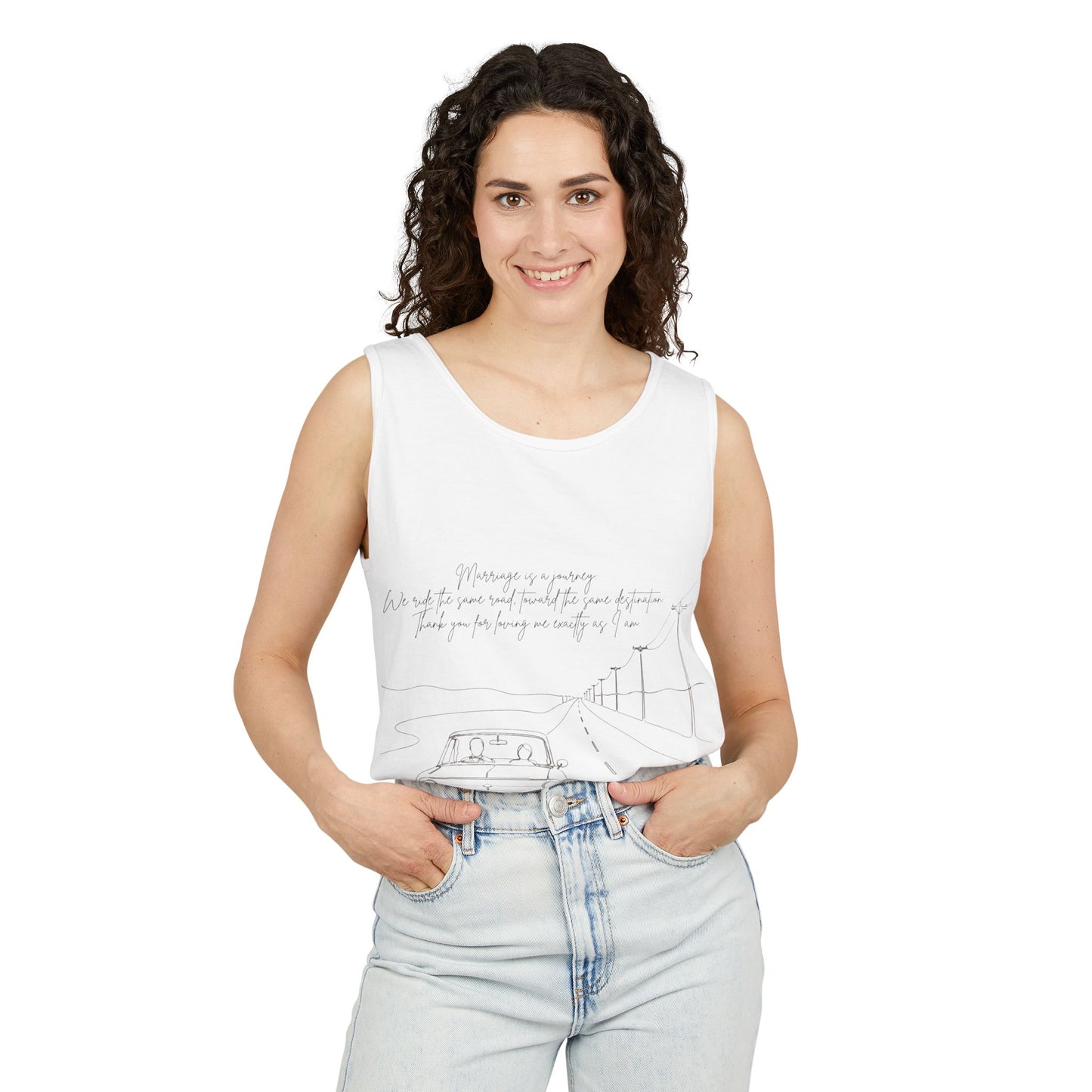 Sketch Roadtrip Tank Top — Minimal Car Line Art with Handwritten Lyric Text
