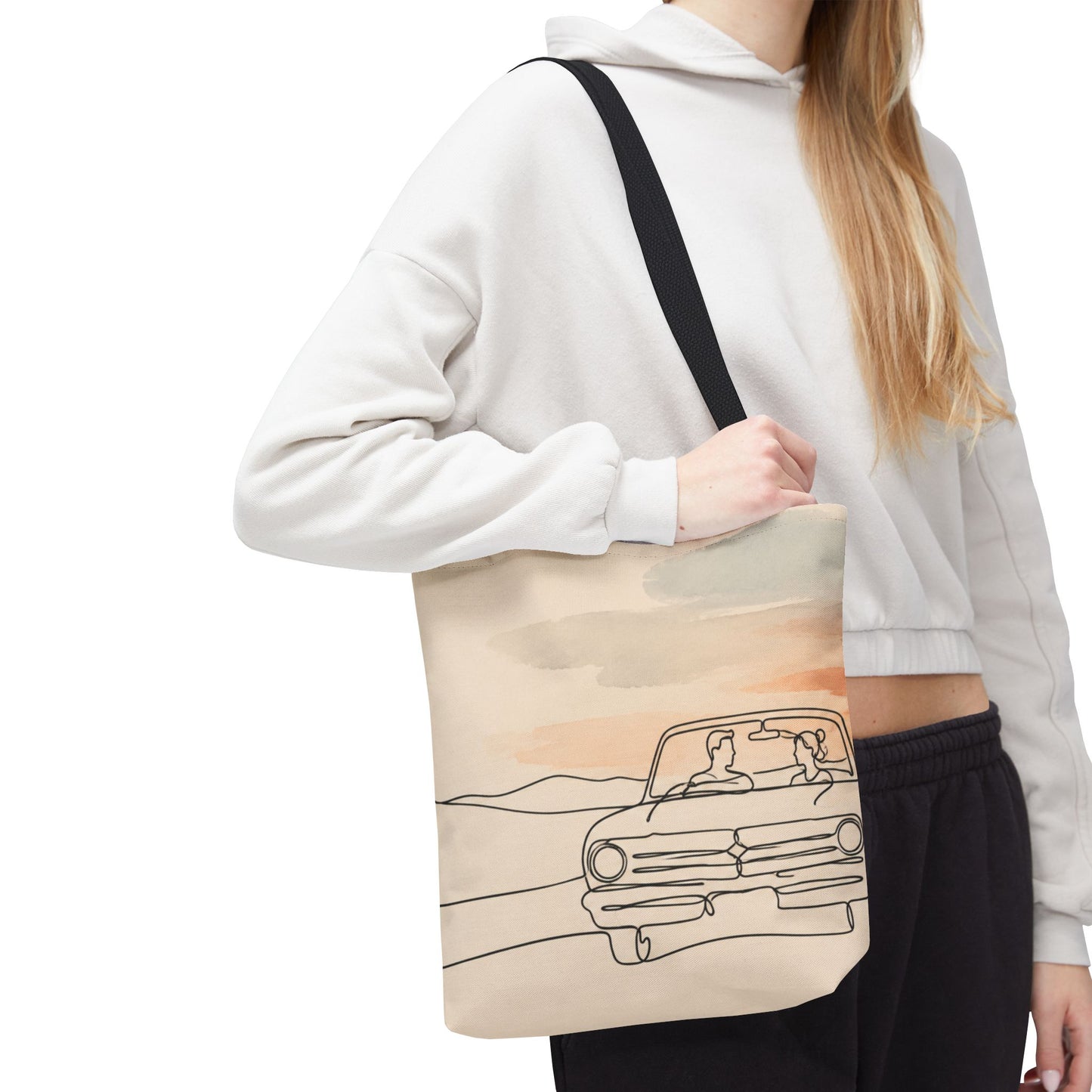 Beach Road Sunset Tote Bag — Hand-Drawn Retro Car & Sunset Illustration