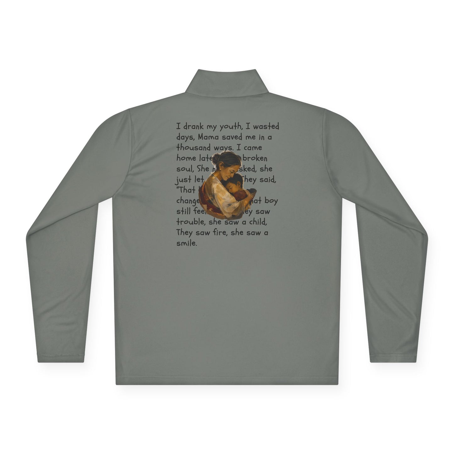 Quarter-Zip Pullover with Scripted Storyback and Vintage Portrait