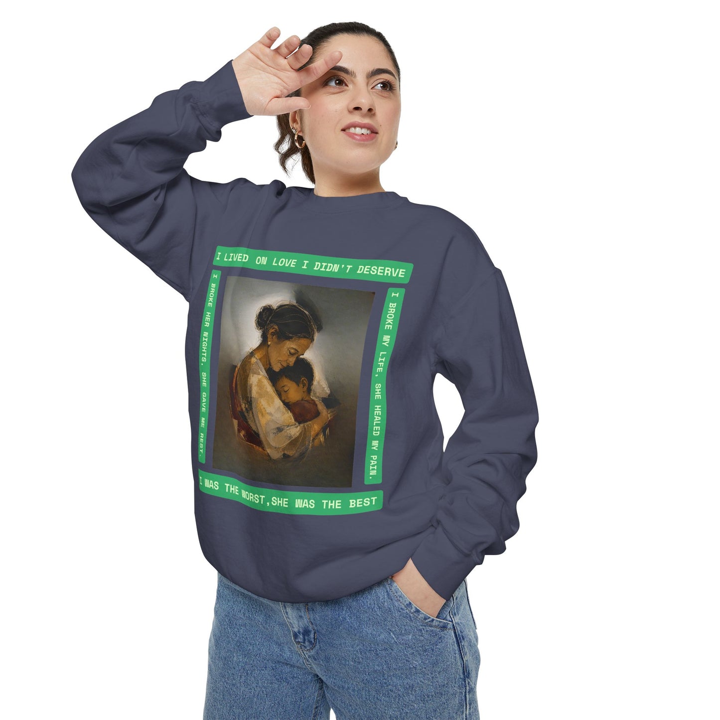 Mother & Child Sweatshirt — Vintage Art Crewneck with "I Lived, I Loved" Quote
