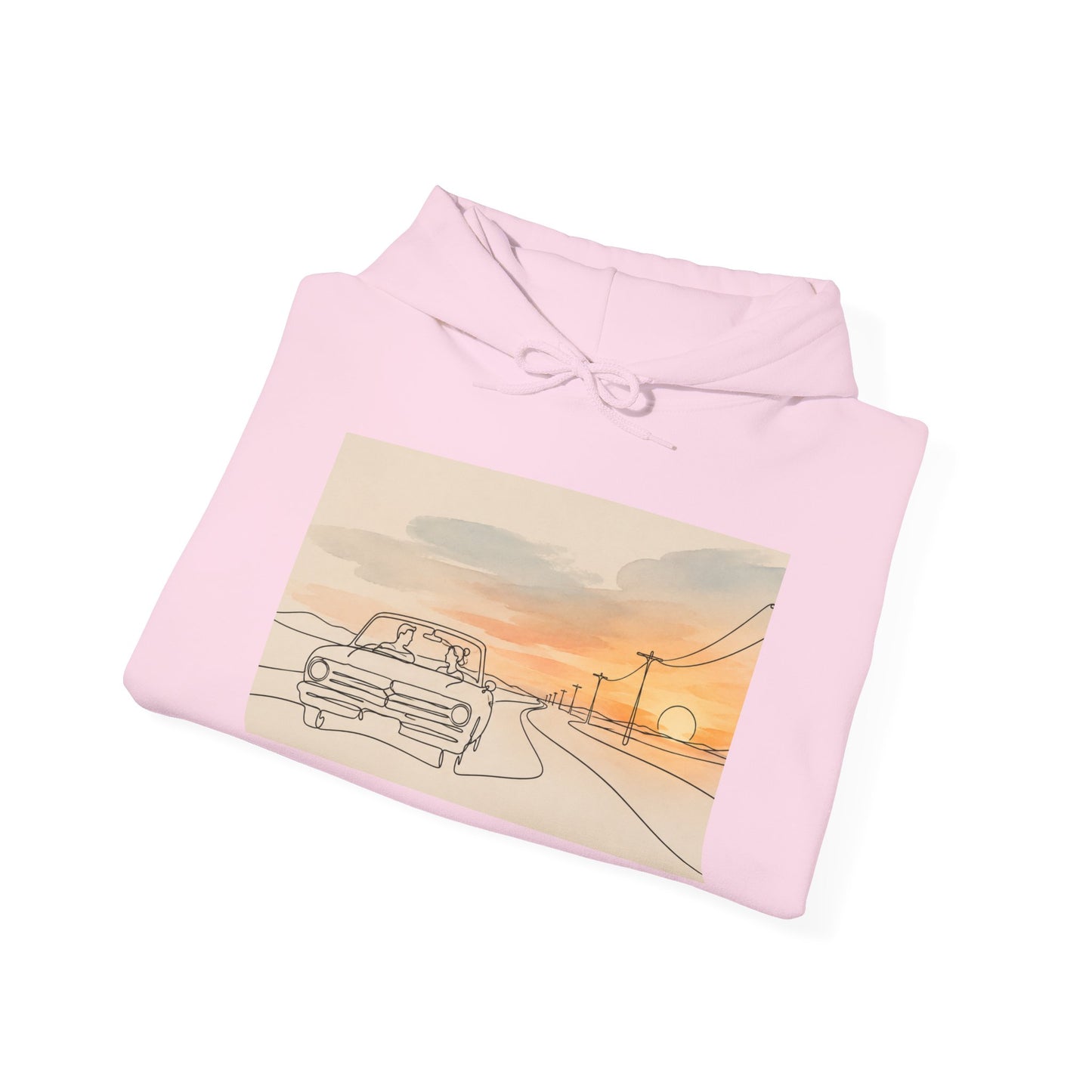 Sunset Drive Hoodie – Retro Car Road Trip Graphic Sweatshirt