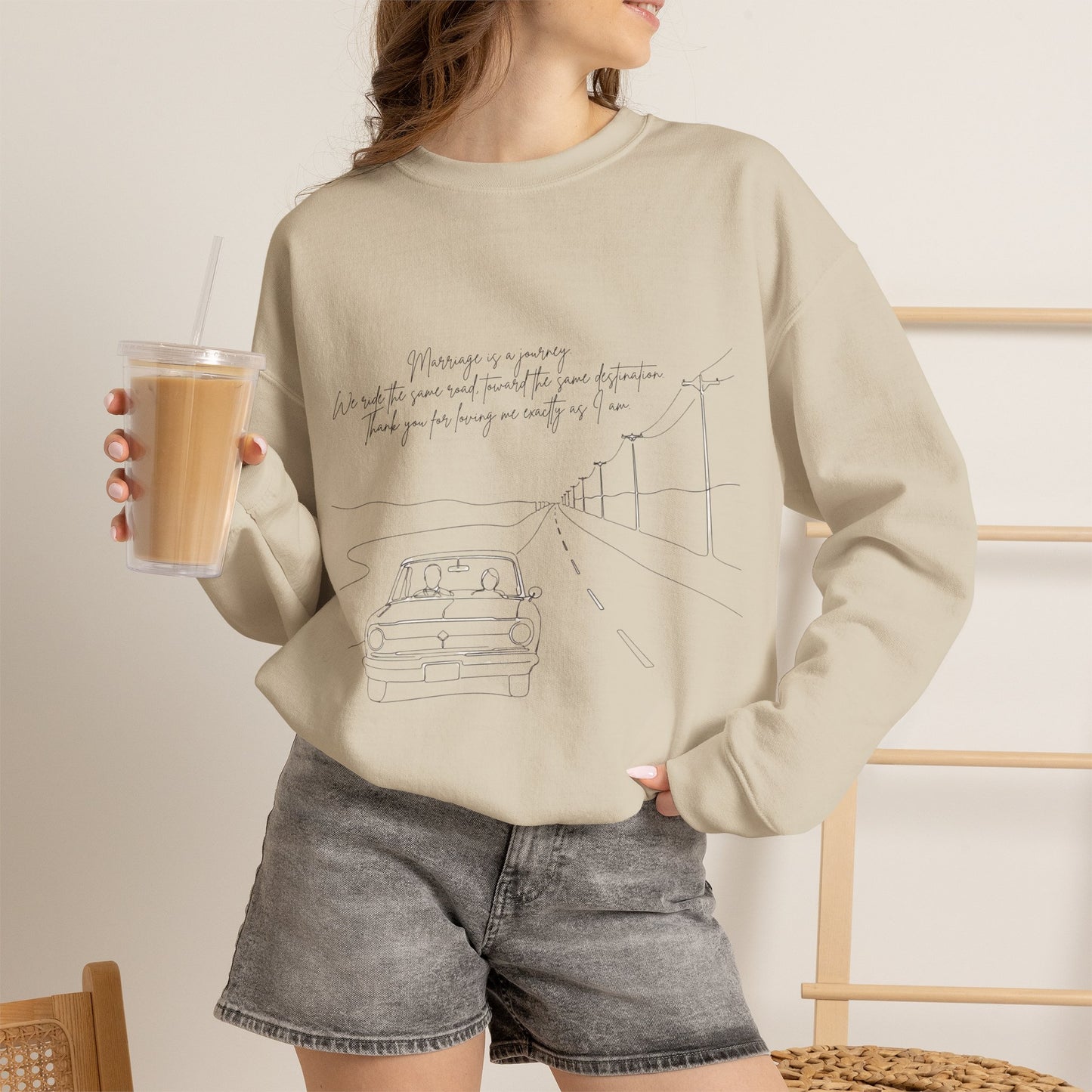 Crewneck Sweatshirt — Minimal Road Sketch Graphic with Handwritten Lyrics