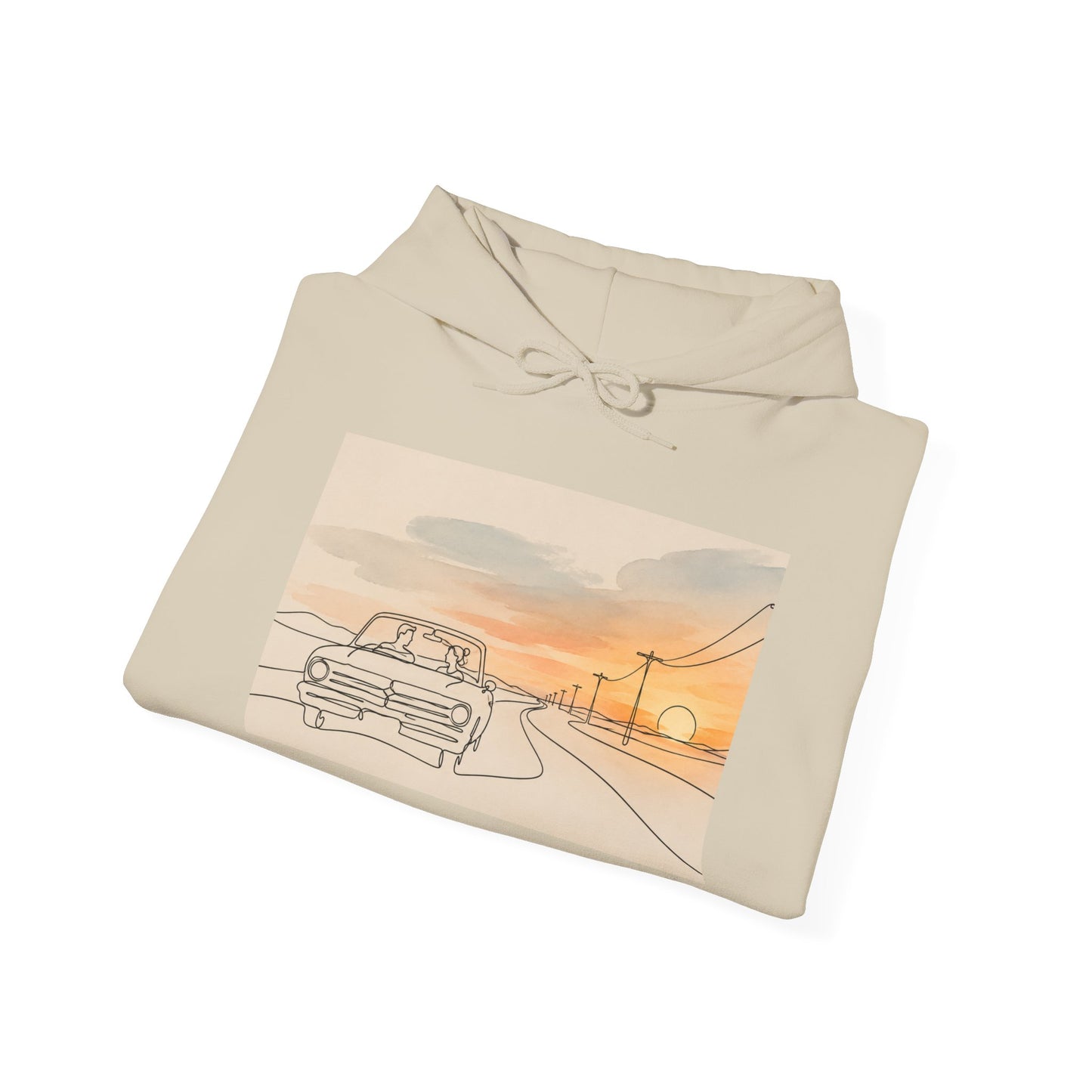 Sunset Drive Hoodie – Retro Car Road Trip Graphic Sweatshirt