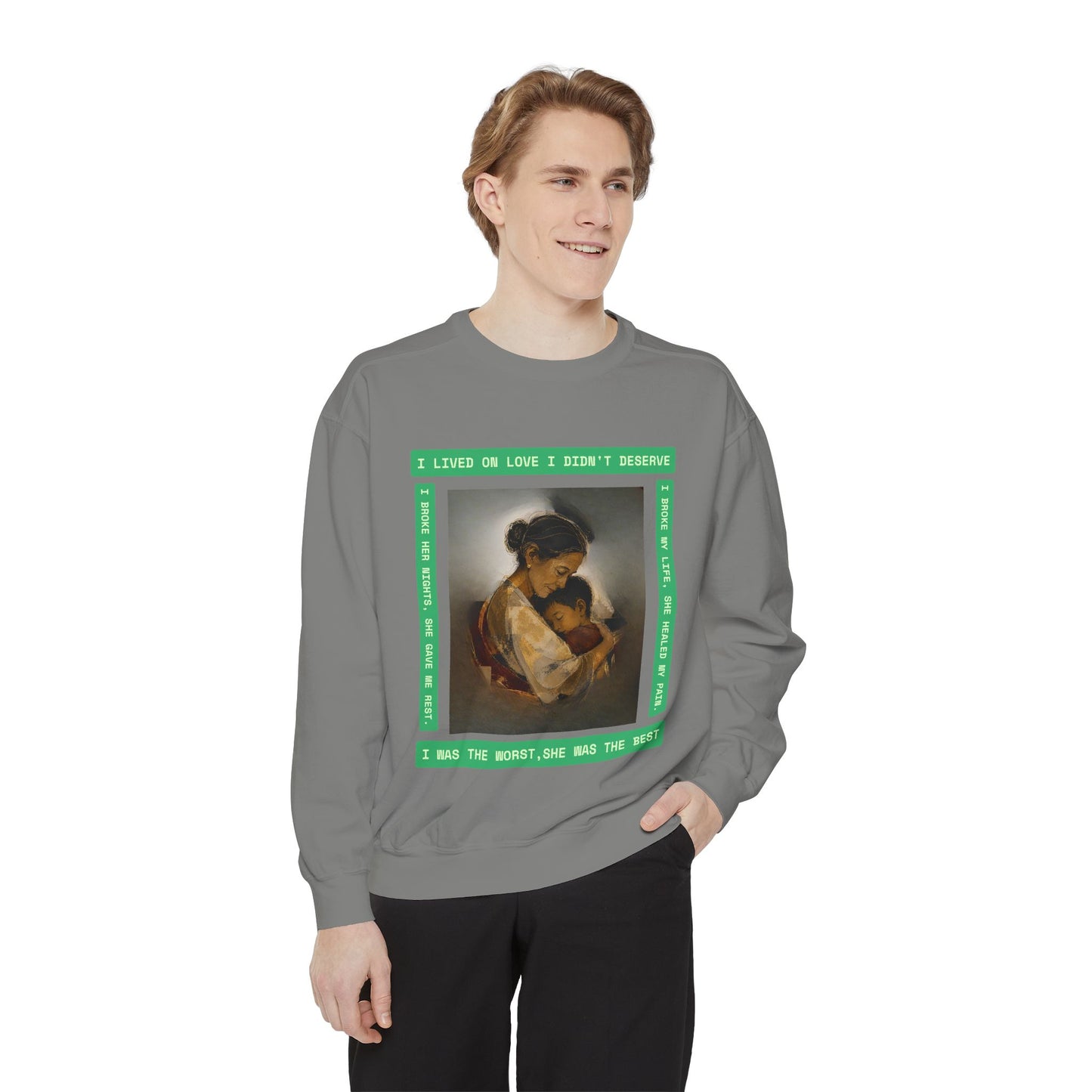 Mother & Child Sweatshirt — Vintage Art Crewneck with "I Lived, I Loved" Quote