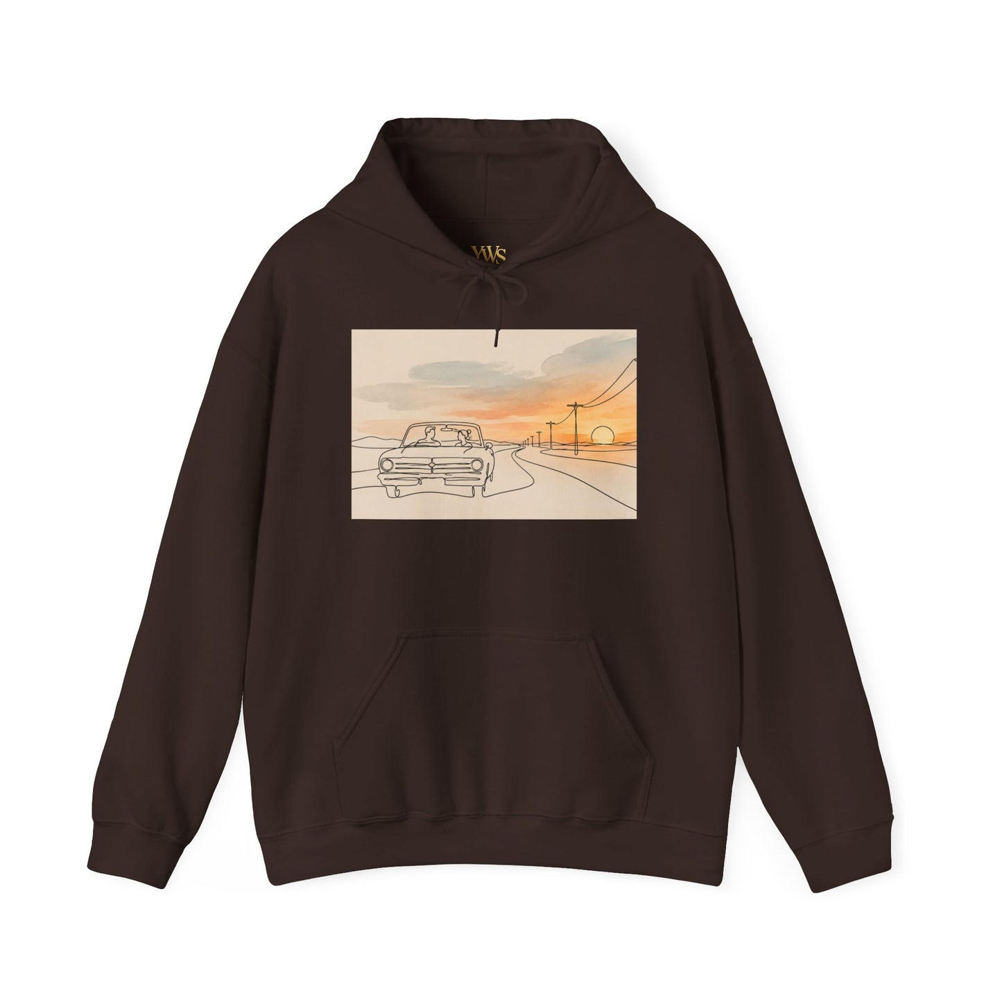 Sunset Drive Hoodie – Retro Car Road Trip Graphic Sweatshirt