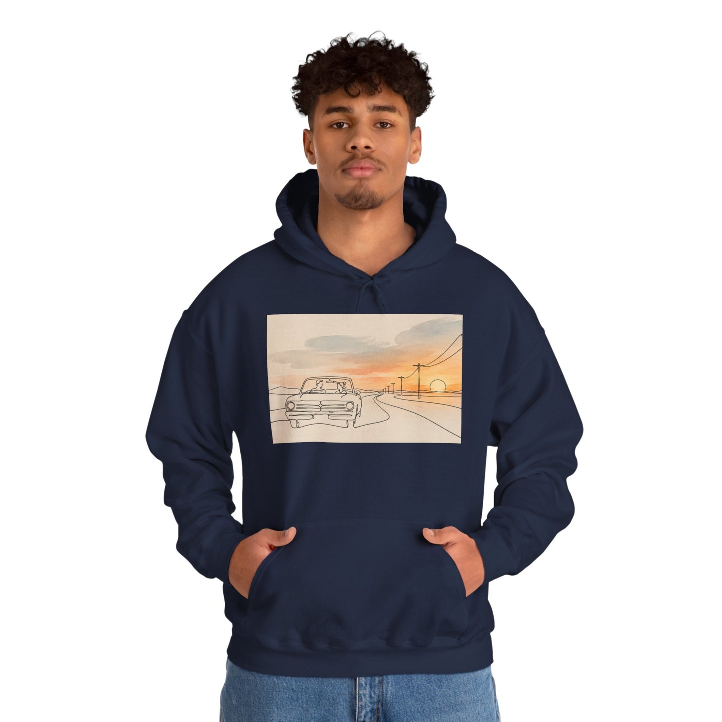 Sunset Drive Hoodie – Retro Car Road Trip Graphic Sweatshirt