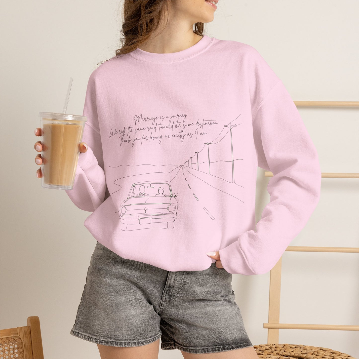 Crewneck Sweatshirt — Minimal Road Sketch Graphic with Handwritten Lyrics