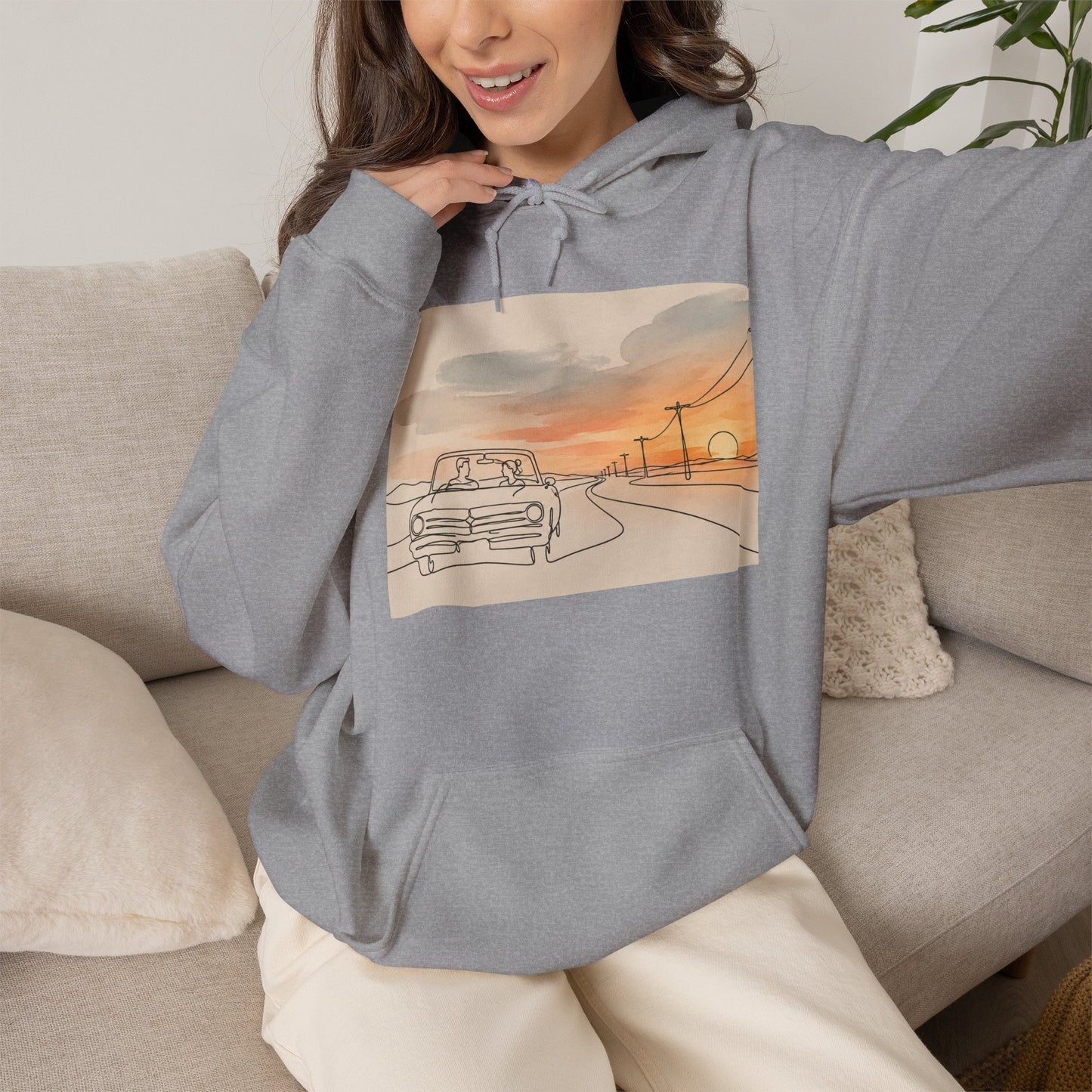 Sunset Drive Hoodie – Retro Car Road Trip Graphic Sweatshirt
