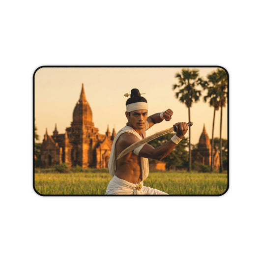 Martial Arts Desk Mat – Asian Temple Sunset Swordfighter Scene