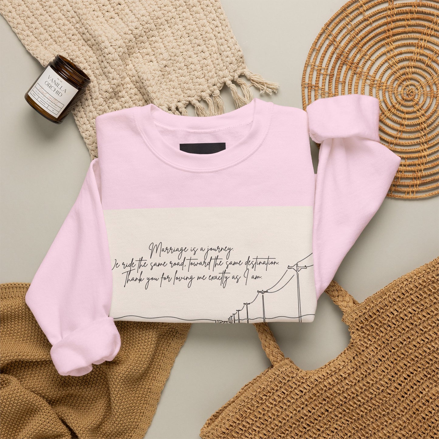 Graphic Sweatshirt — Minimal Line Art Road Trip Design with Inspirational Script