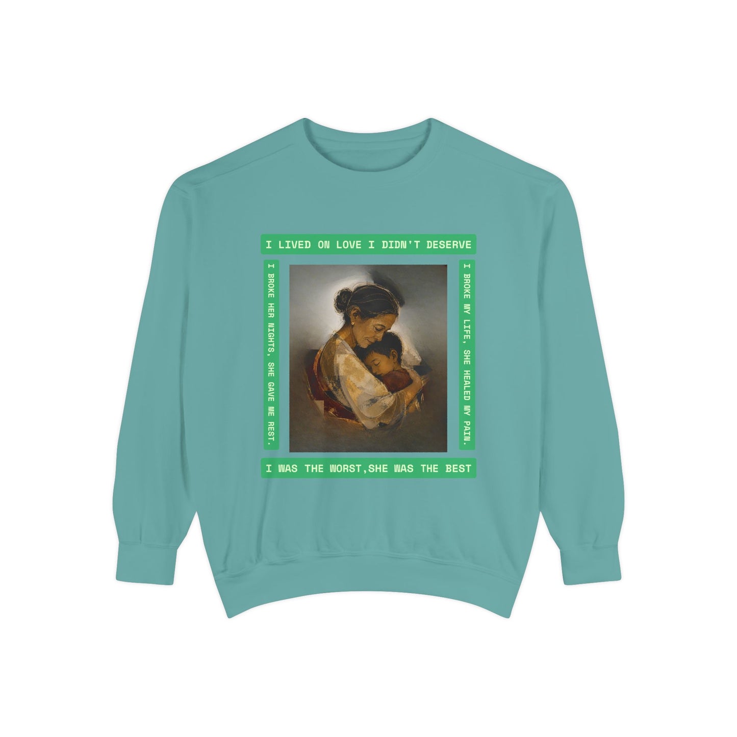 Mother & Child Sweatshirt — Vintage Art Crewneck with "I Lived, I Loved" Quote