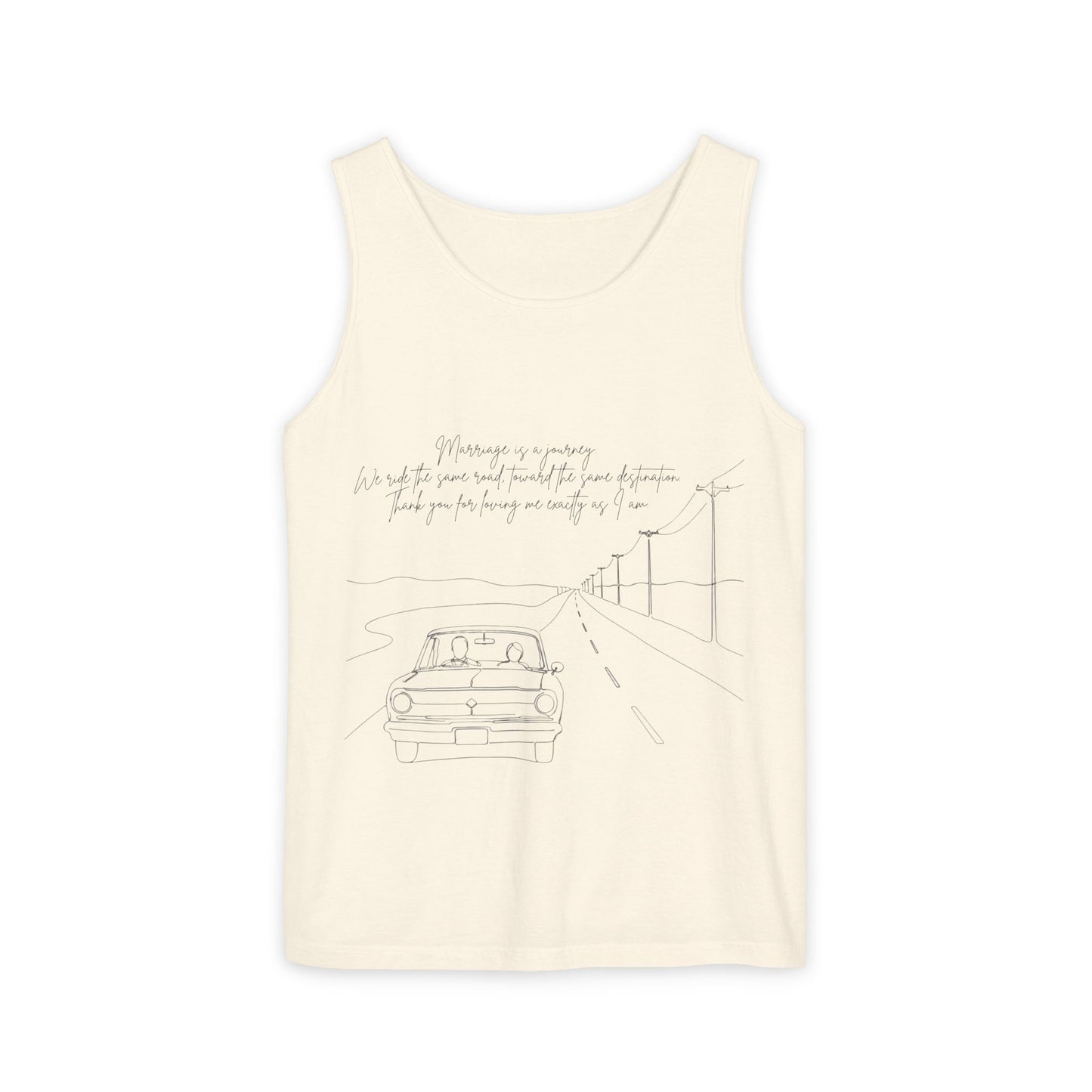 Sketch Roadtrip Tank Top — Minimal Car Line Art with Handwritten Lyric Text