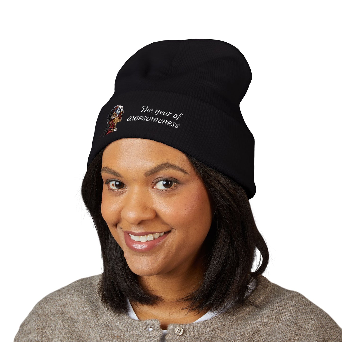 Embroidered Portrait Cuffed Beanie – Minimal Artist Face Knit Hat