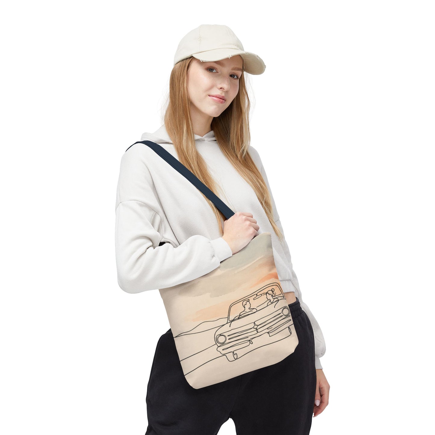 Beach Road Sunset Tote Bag — Hand-Drawn Retro Car & Sunset Illustration