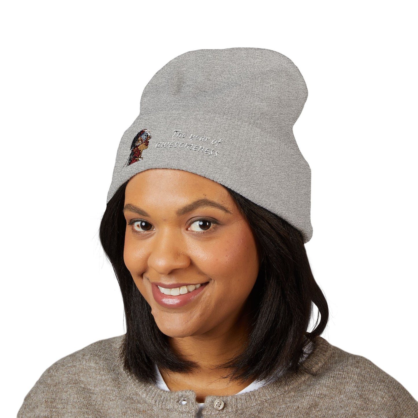 Embroidered Portrait Cuffed Beanie – Minimal Artist Face Knit Hat