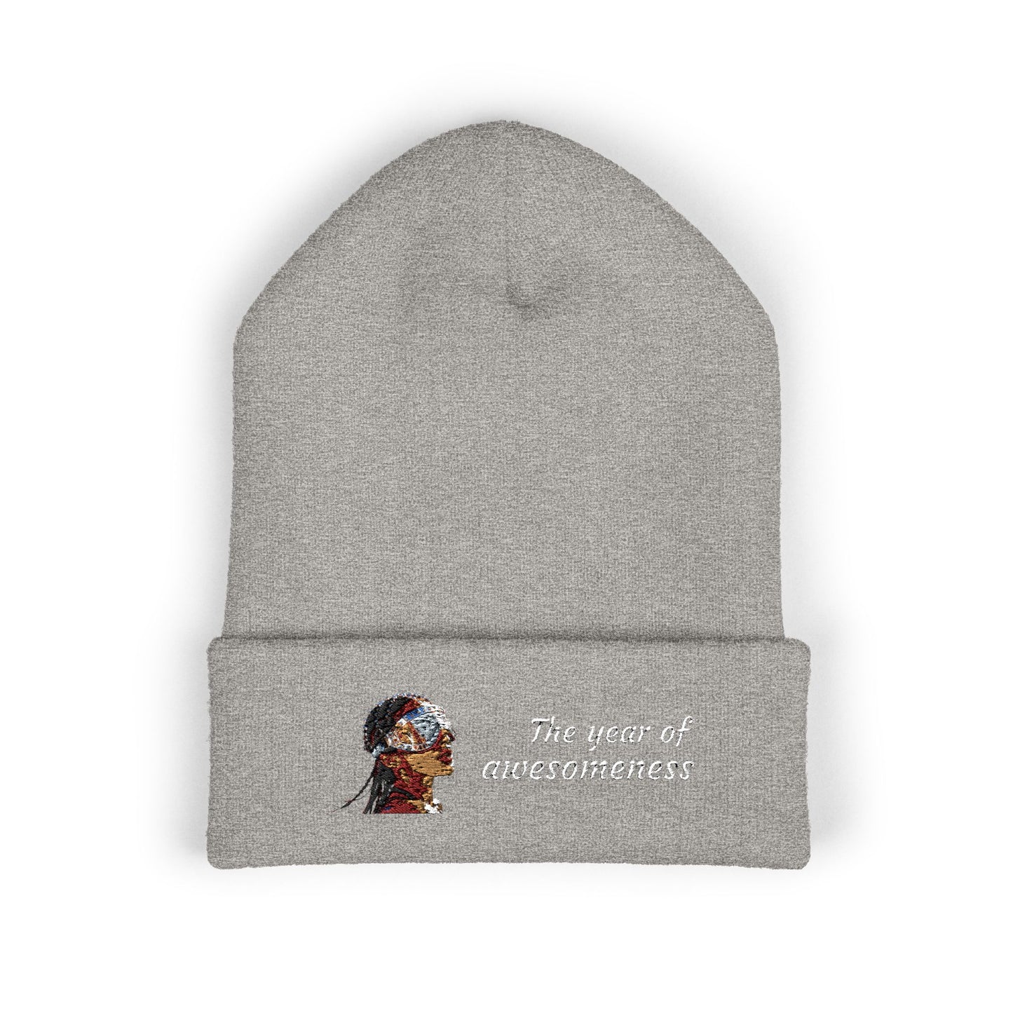Embroidered Portrait Cuffed Beanie – Minimal Artist Face Knit Hat