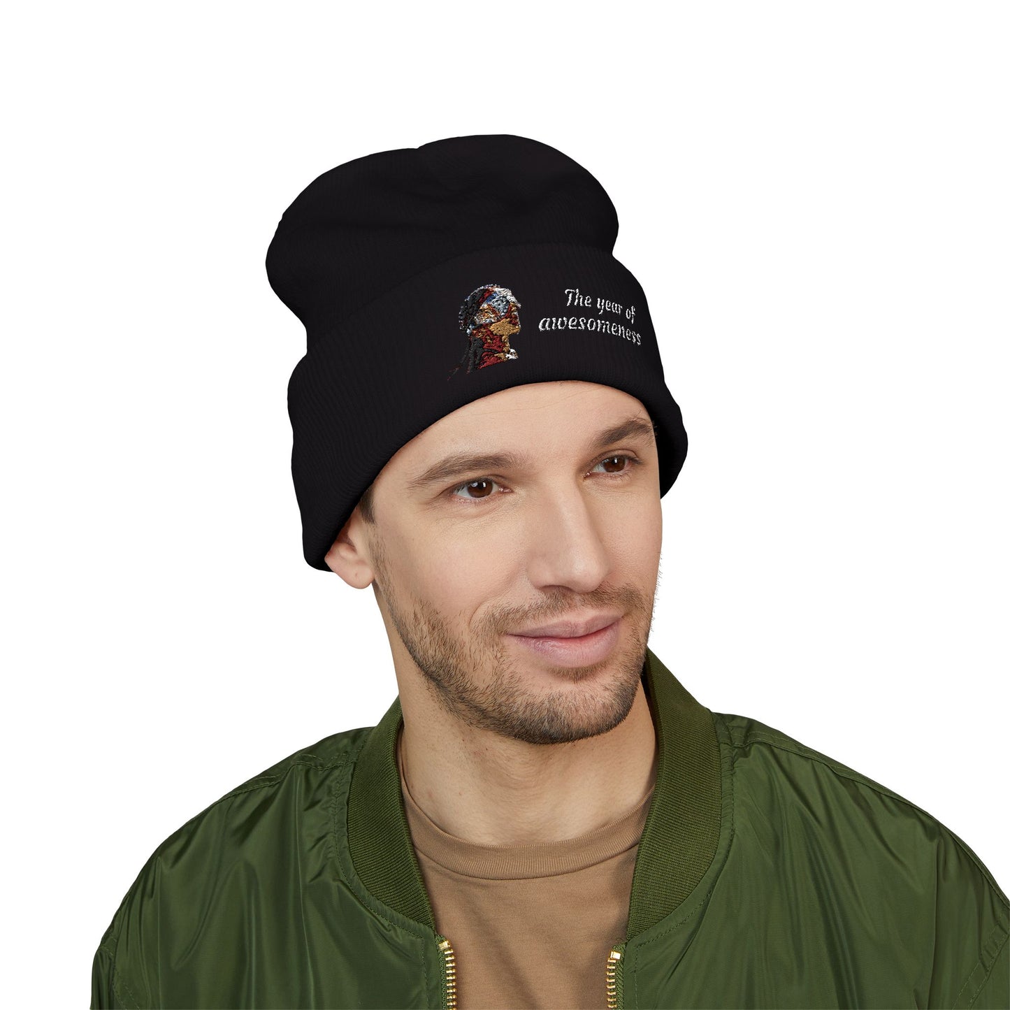 Embroidered Portrait Cuffed Beanie – Minimal Artist Face Knit Hat