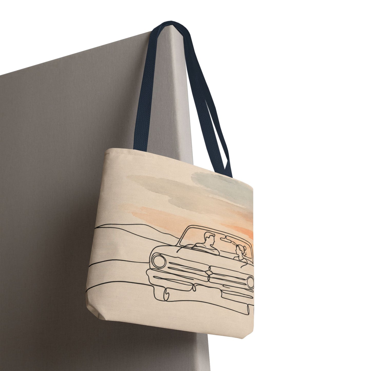 Beach Road Sunset Tote Bag — Hand-Drawn Retro Car & Sunset Illustration