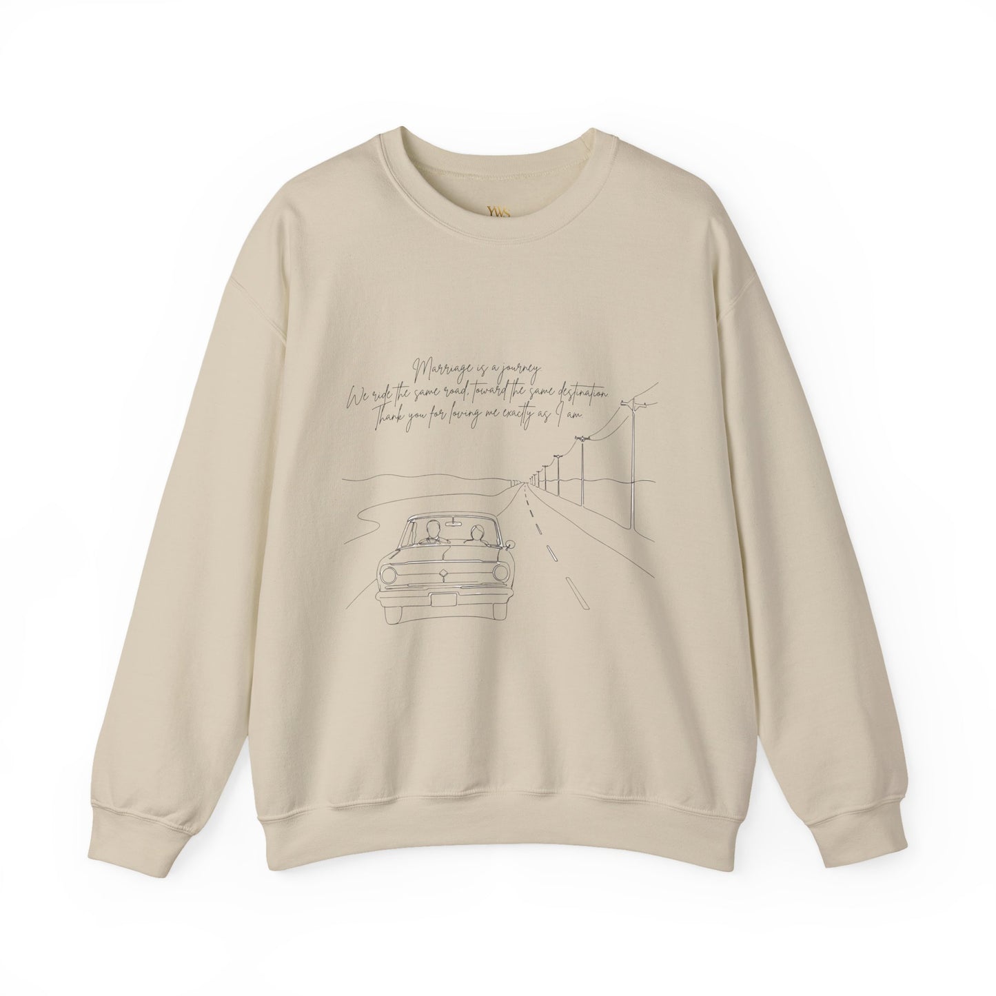 Crewneck Sweatshirt — Minimal Road Sketch Graphic with Handwritten Lyrics