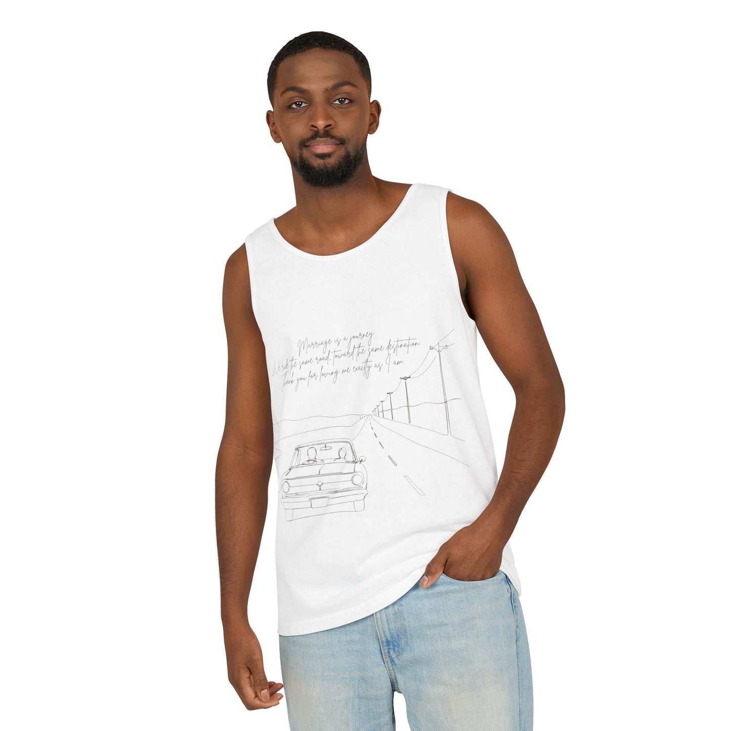 Sketch Roadtrip Tank Top — Minimal Car Line Art with Handwritten Lyric Text