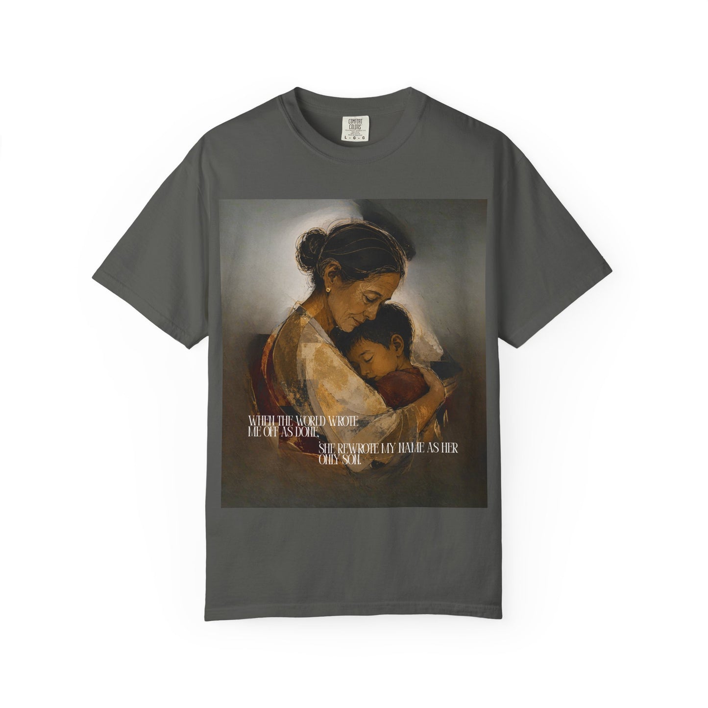 T-Shirt — Mother and Child Embrace Graphic Tee with Inspirational Quote