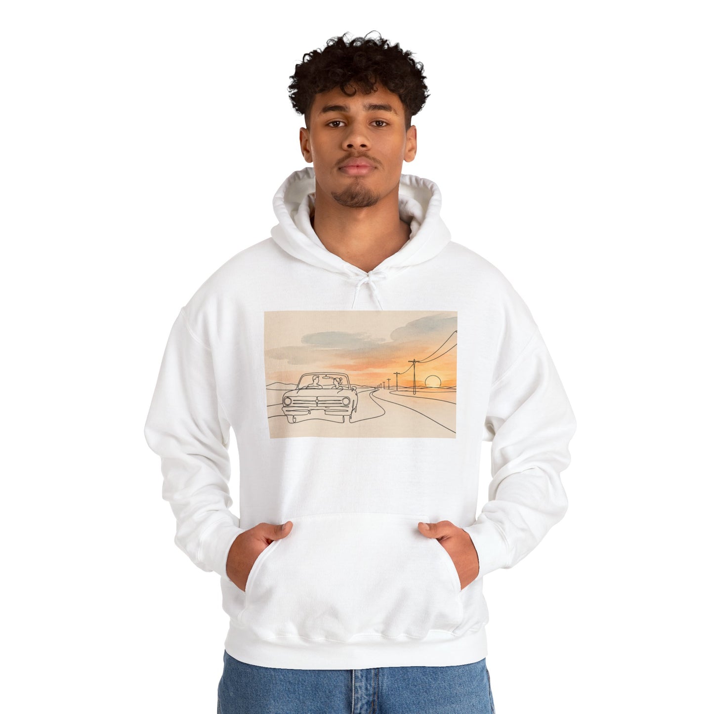 Sunset Drive Hoodie – Retro Car Road Trip Graphic Sweatshirt