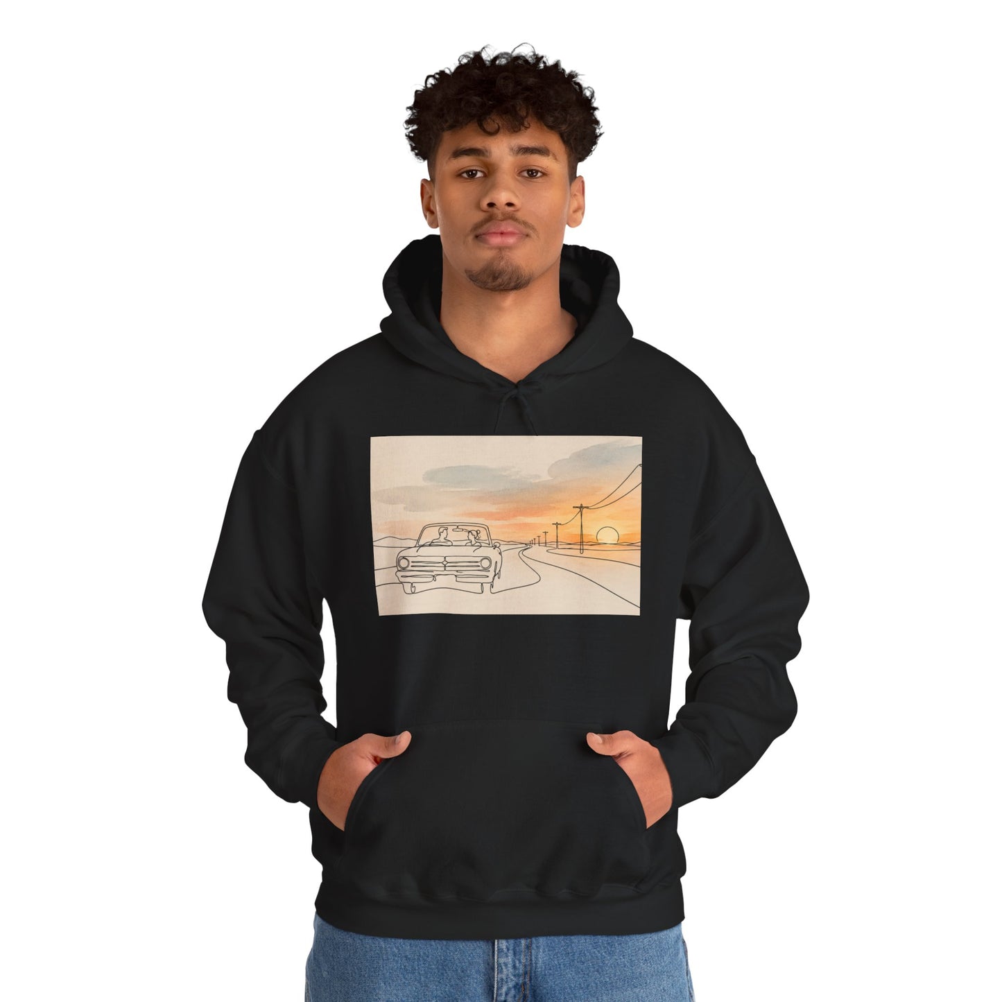 Sunset Drive Hoodie – Retro Car Road Trip Graphic Sweatshirt