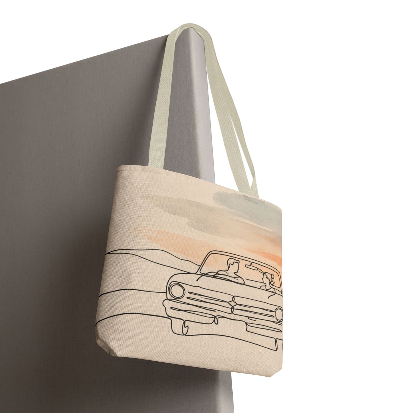 Beach Road Sunset Tote Bag — Hand-Drawn Retro Car & Sunset Illustration