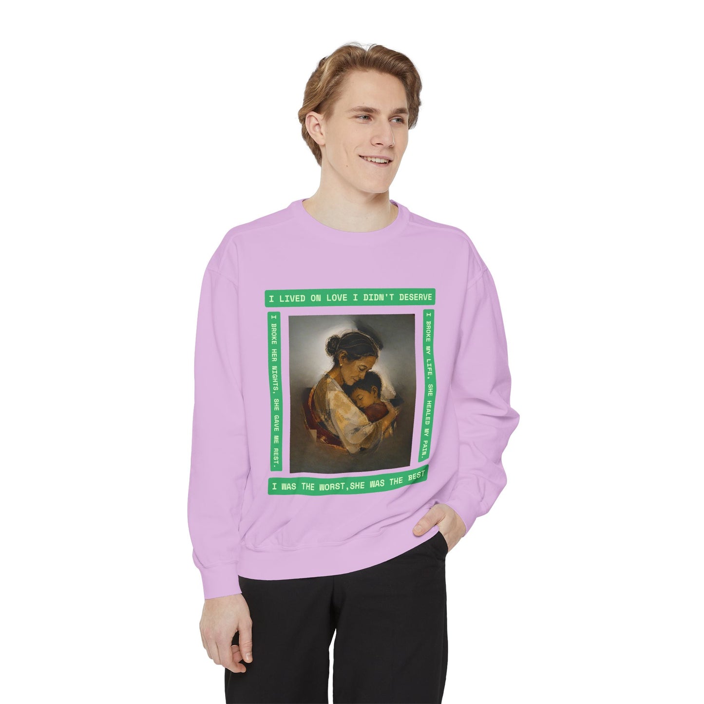 Mother & Child Sweatshirt — Vintage Art Crewneck with "I Lived, I Loved" Quote