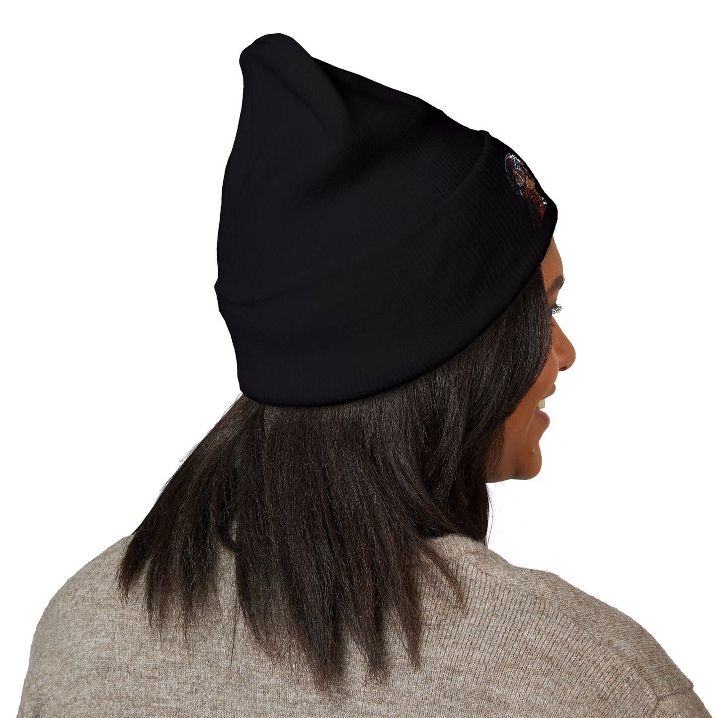 Embroidered Portrait Cuffed Beanie – Minimal Artist Face Knit Hat