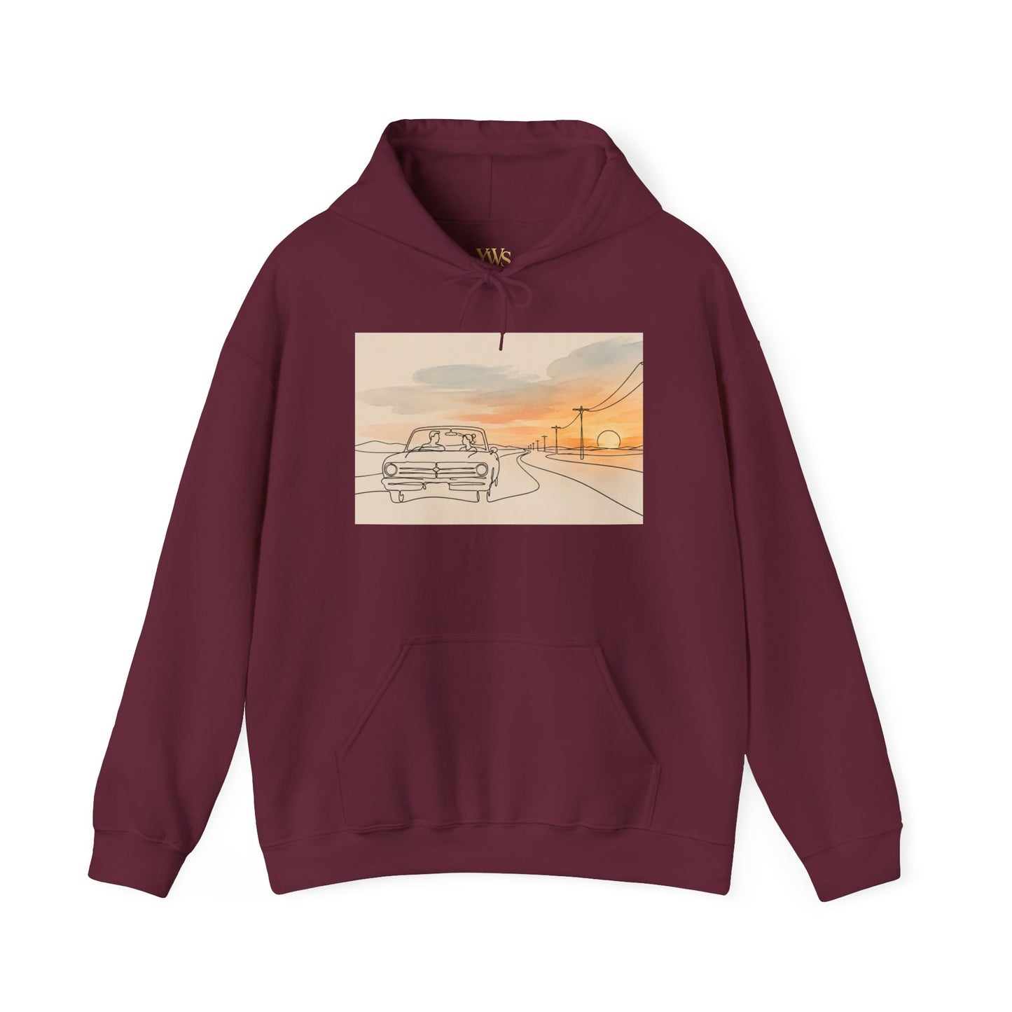 Sunset Drive Hoodie – Retro Car Road Trip Graphic Sweatshirt