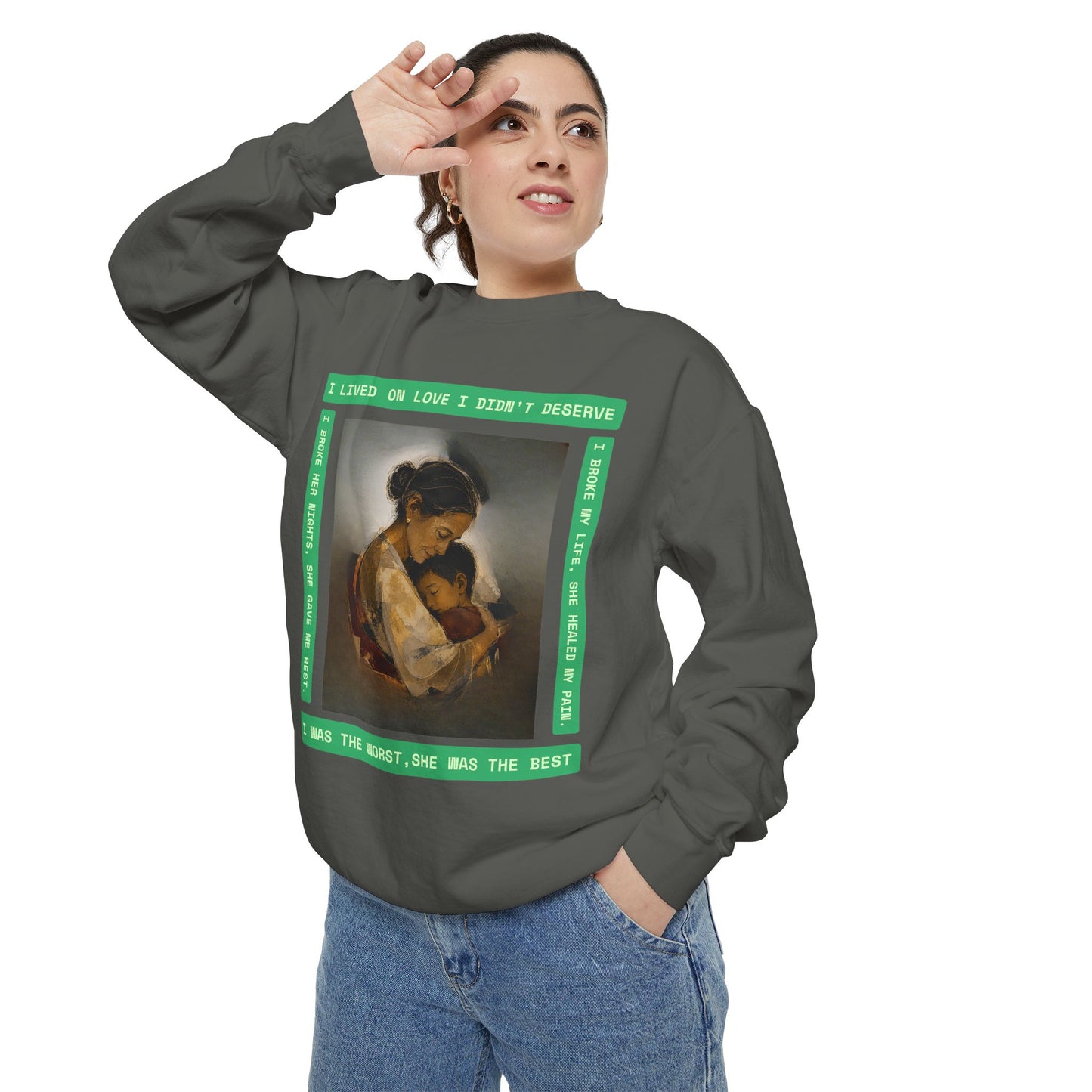 Mother & Child Sweatshirt — Vintage Art Crewneck with "I Lived, I Loved" Quote