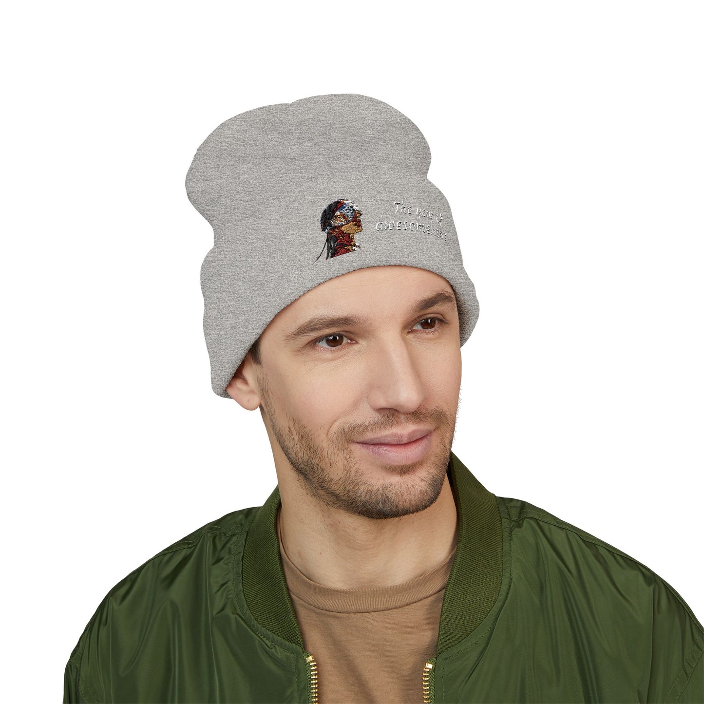 Embroidered Portrait Cuffed Beanie – Minimal Artist Face Knit Hat
