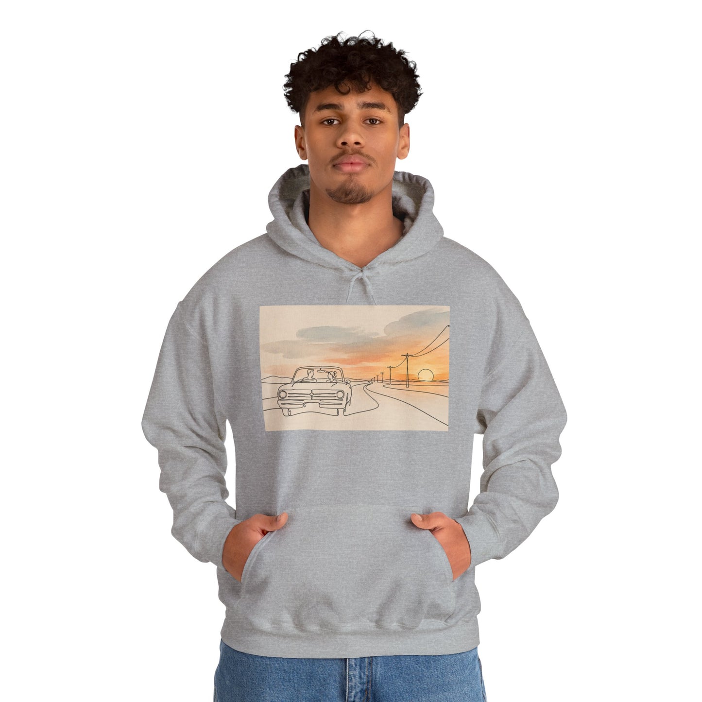 Sunset Drive Hoodie – Retro Car Road Trip Graphic Sweatshirt