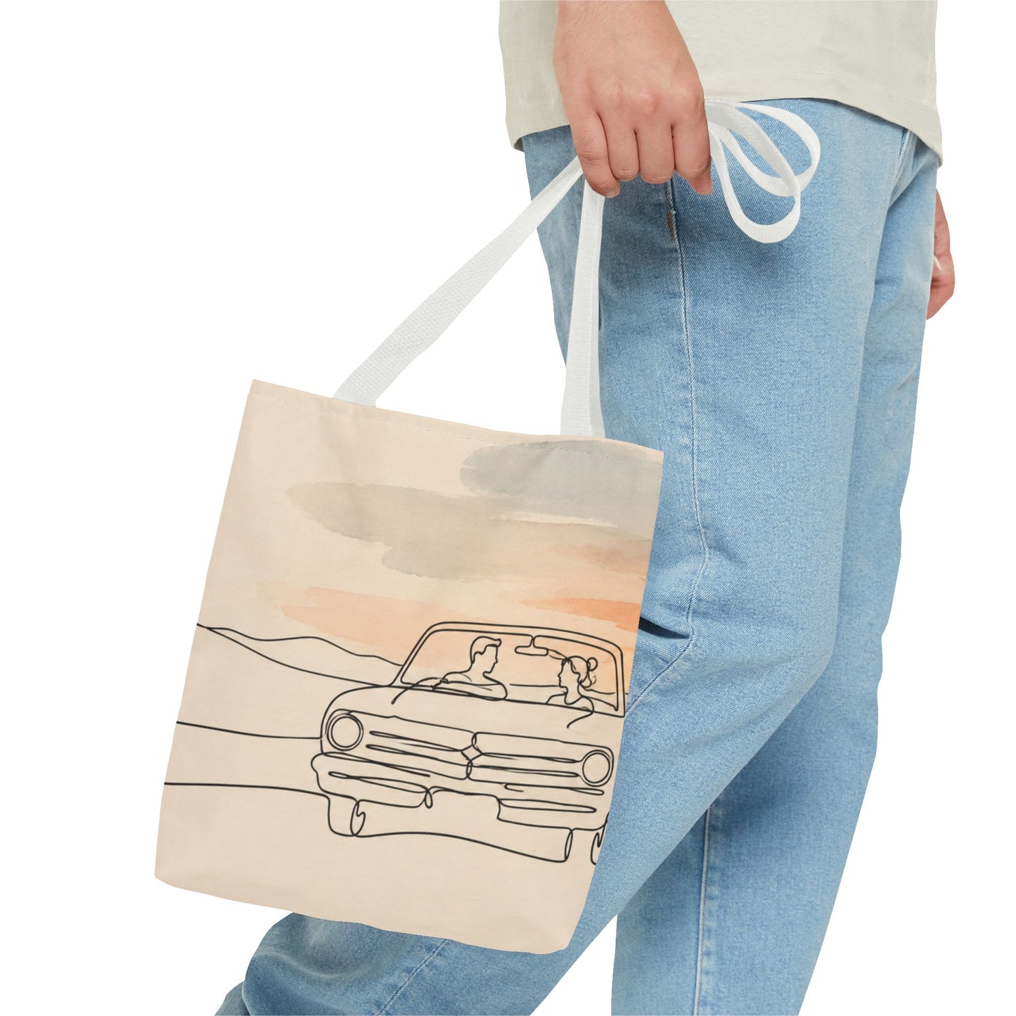 Beach Road Sunset Tote Bag — Hand-Drawn Retro Car & Sunset Illustration