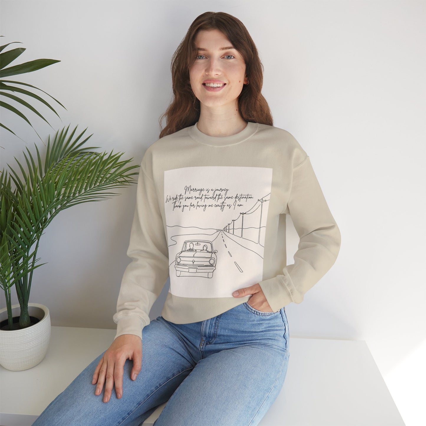 Graphic Sweatshirt — Minimal Line Art Road Trip Design with Inspirational Script