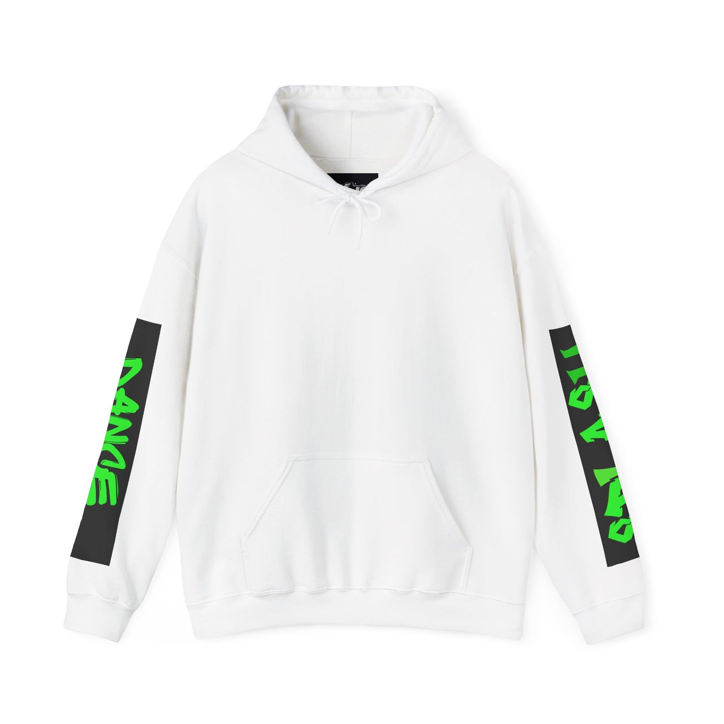 Graphic Sleeve Hoodie — Neon Green Streetwear Text on White Hooded Sweatshirt