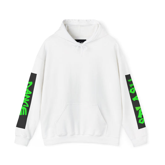 Graphic Sleeve Hoodie — Neon Green Streetwear Text on White Hooded Sweatshirt