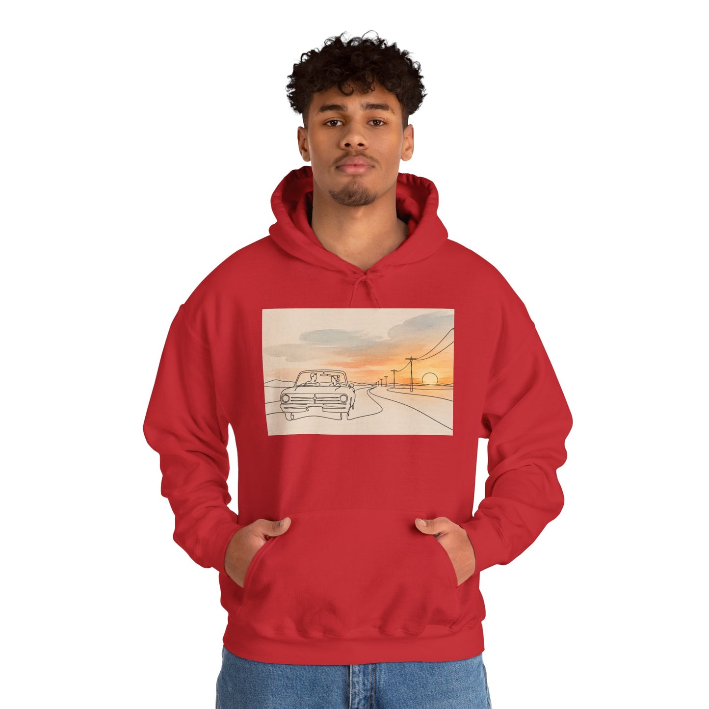 Sunset Drive Hoodie – Retro Car Road Trip Graphic Sweatshirt