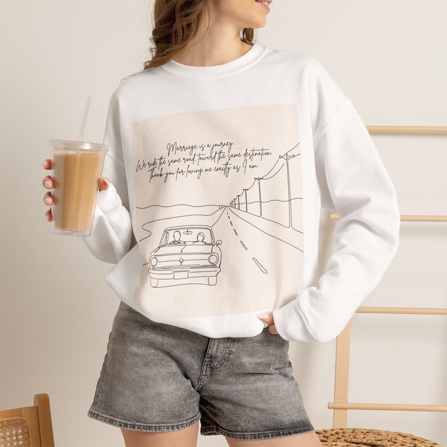Graphic Sweatshirt — Minimal Line Art Road Trip Design with Inspirational Script